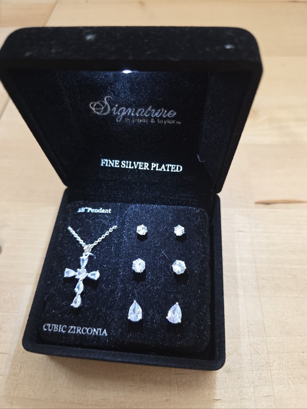 Signature By Piper + Taylor Fine Silver Plated CZ 18" Cross Necklace + Earrings